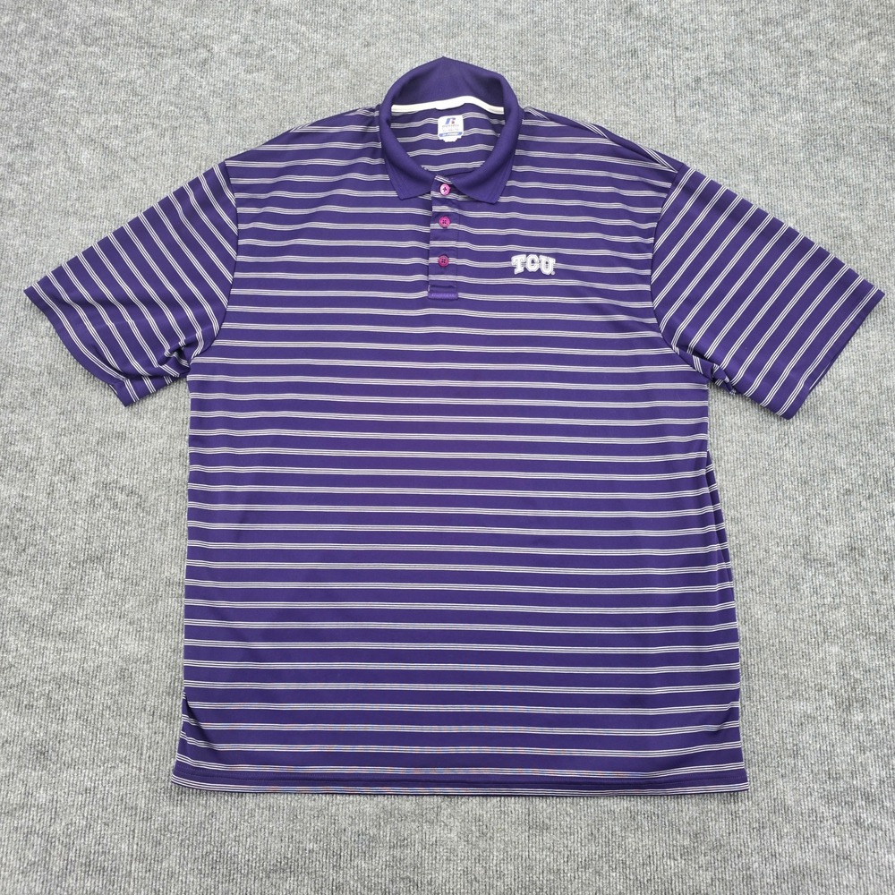 Russell Athletic TCU Horned Frogs Mens XL Purple Striped Dri-Power Polo Shirt